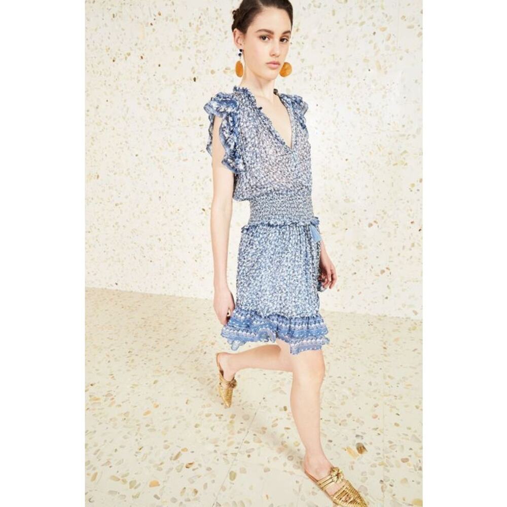 Ulla Johnson Nyssa Dress Sky Blue Silk Size 2 Ruffles Metallic Smocked Chic Boho